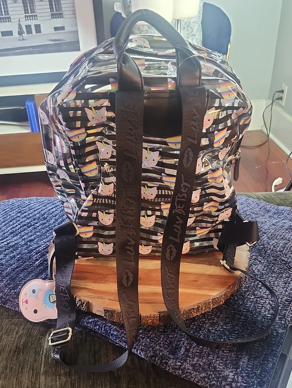 Betsey Johnson Rainbow Cat Unicorn Backpack - Pink & Black Transparent Stripes